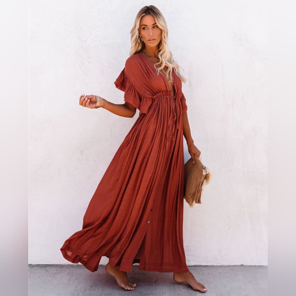 NEW Flowy Textured Plunge Maxi Dress Gauze Cover Up  Rust Copper Red Orange